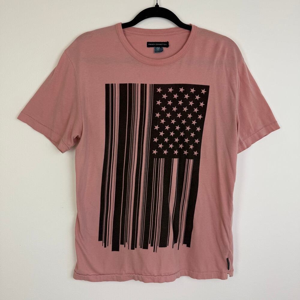 French Connection Crewneck Cotton Black American Flag Print Pink/Black T-Shirt